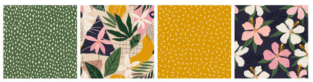 콜라주 현대 꽃과 물방울 무늬 모양매끄러운 패턴 세트. 종이, 커버, 패브릭, 인테리어 장식 및 기타 사용자를위한 현대적인 이국적인 디자인. - hawaiian orchid stock illustrations