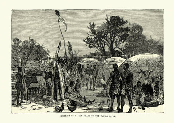 Interior of a Zulu kraal on the Tugela River, 1870s Vintage illustration of Interior of a Zulu kraal on the Tugela River, 19th Century african warriors stock illustrations