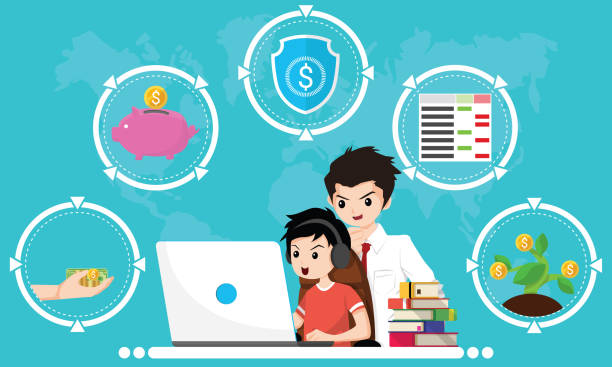 Financial literacy course for kid concept. Design by Boy use laptop and consult his father for learning of cash reserves, savings money, protect fund, accounting and wealth growth. Vector illustration Financial literacy course for kid concept. Design by Boy use laptop and consult his father for learning of cash reserves, savings money, protect fund, accounting and wealth growth. Vector illustration. financial literacy vector stock illustrations