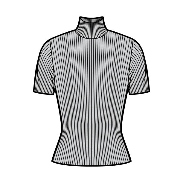 istock Turtleneck ribbed-knit sweater technical fashion illustration with short rib sleeves, close-fitting shape 1263924641