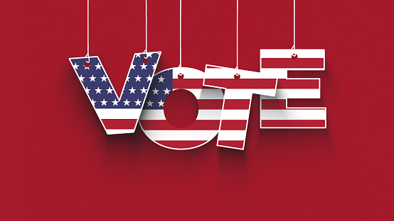 vote letters on ropes, US election concept, red, white, blue colors, US flag texture