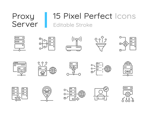 Proxy server linear icons set. Internet data access, virtual connection, cybersecurity customizable thin line contour symbols. Isolated vector outline illustrations. Editable stroke