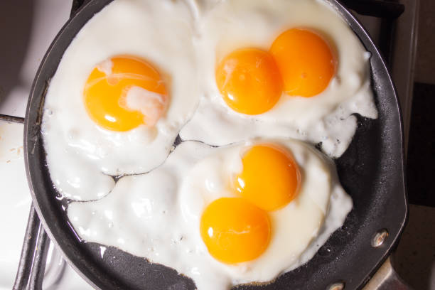 istock Fried eggs in a frying pan top view. An egg with two yolks. 1263931294