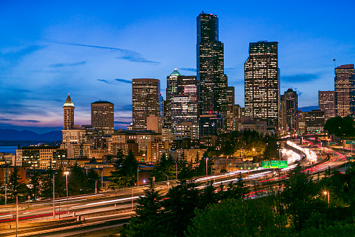 Seattle , Washington  USA downtown skyline at sunset hour.