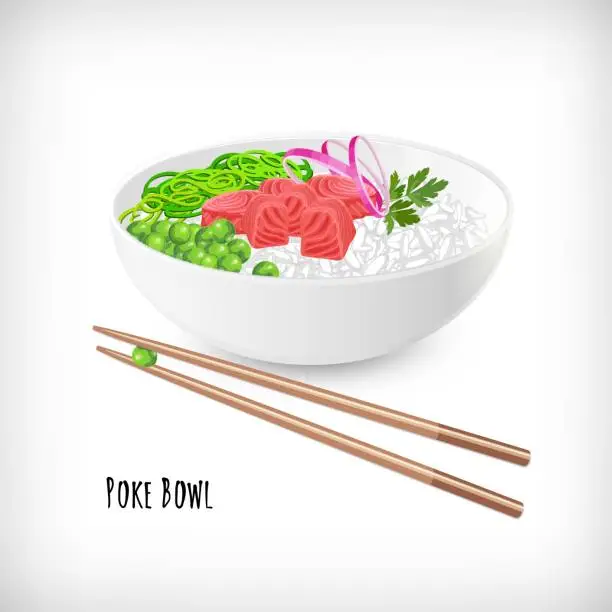 Vector illustration of White round poke bowl with tuna fish cubes, rice, onion rings, green peas, seaweed, parsley, wooden food chopsticks on white background. Lettering Poke Bowl.
