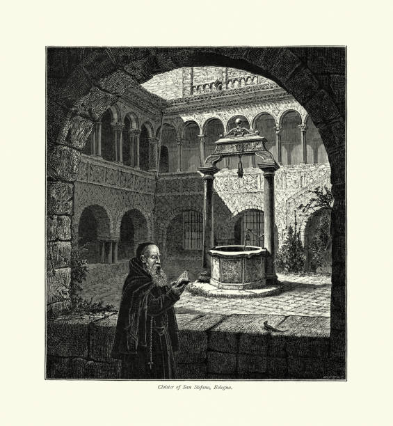 Monk inside ornate Cloister San Stefano, Bologna, Italy, 19th Century Vintage illustration of Cloister of San Stefano, Bologna, Italy, 19th Century
The basilica of Santo Stefano encompasses a complex of religious edifices in the city of Bologna, Italy. Located on Piazza Santo Stefano, it is locally known as Sette Chiese and Santa Gerusalemme. It has the dignity of minor basilica. cloister stock illustrations