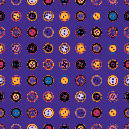 Vector seamless pattern. Bright colors with black and orange details on blue. Cute cartoon illustration of buttons arranged in order. Design for textile, wrapping, cards, any backgrounds etc.