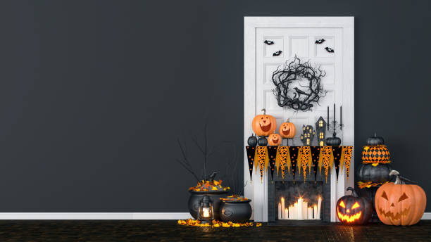 Living room interior decorated with lanterns and Halloween pumpkins, Jack-o-lantern, for Halloween party, 3D Rendering stock photo