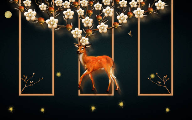 istock 3d mural wallpaper with deer in black abstract background and tree with branches flowers and golden frame . Suitable for use as a frame on walls . 1263934188