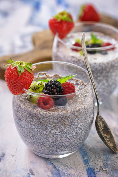istock Chia seed pudding with fresh berries for the breakfast 1263936386