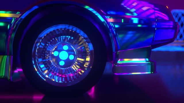 80s retrowave background 3d animation. Futuristic neon car wheel close up.