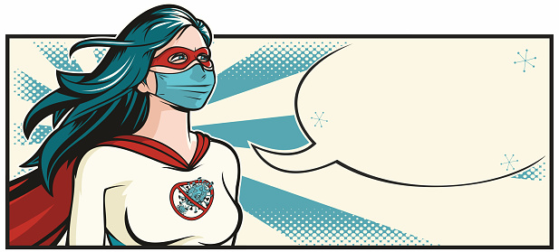 Comic book style pop art illustration of a superhero doctor fighting the good battle against the Coronavirus, or Covid-19.
