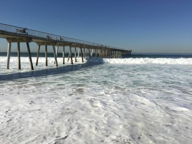 istock Sand covered by waves that crash under the pier 1263938975