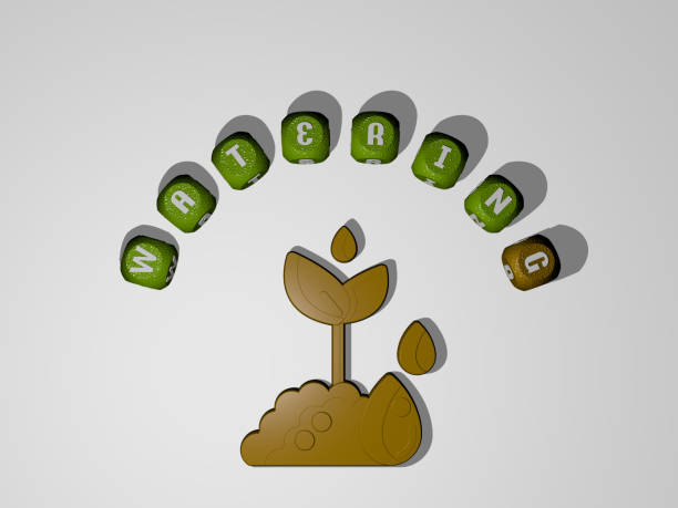 3D representation of WATERING with icon on the wall and text arranged by metallic cubic letters on a mirror floor for concept meaning and slideshow presentation