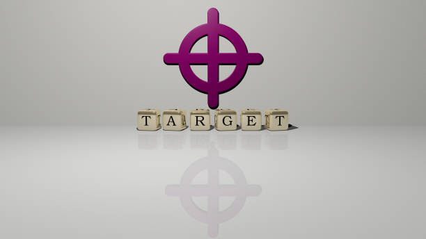 istock 3D representation of TARGET with icon on the wall and text arranged by metallic cubic letters on a mirror floor for concept meaning and slideshow presentation. illustration and business 1263941998