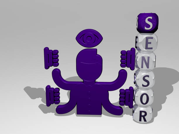 istock 3D representation of sensor with icon on the wall and text arranged by metallic cubic letters on a mirror floor for concept meaning and slideshow presentation. illustration and background 1263942048