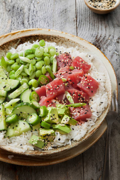 istock Ahi Tuna Poke Bowl with Rice and Vegetables 1263942079