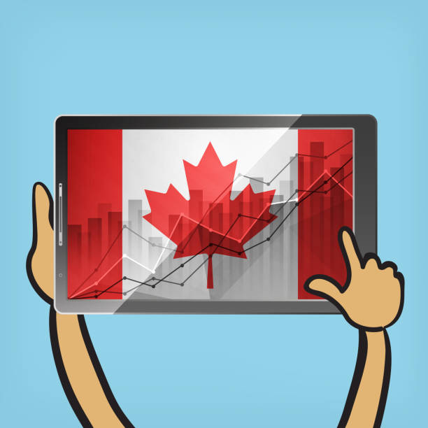 business statistics chart showing different growing graphs with canadian flag on screen of tablet on blue background business statistics chart showing different growing graphs with canadian flag on screen of tablet on blue background canadian flag maple leaf computer icon canada stock illustrations