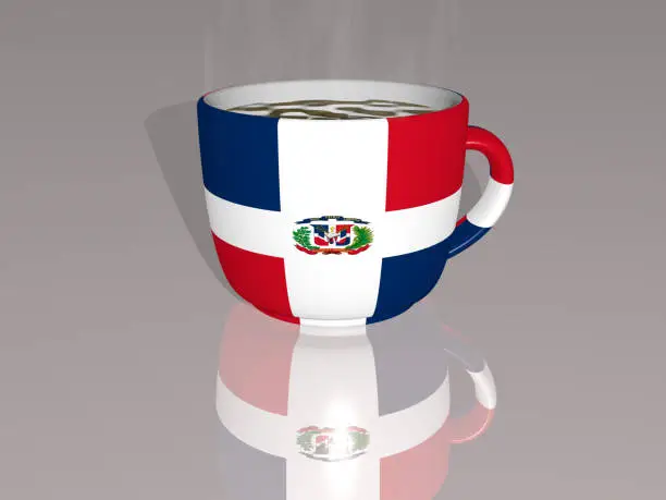 DOMINICAN-REPUBLIC placed on a cup of hot coffee mirrored on the floor in a 3D illustration with realistic perspective and shadows