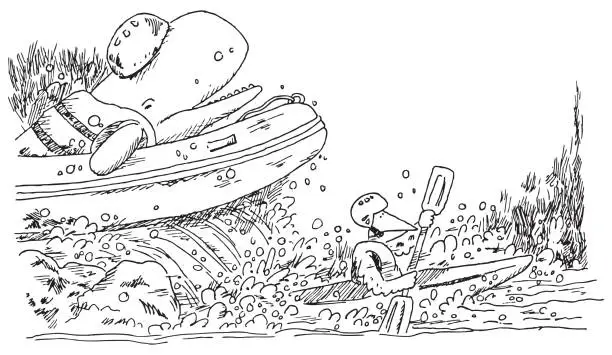 Vector illustration of Whale And Bird Rafting Pen & Ink