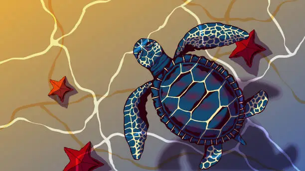 Vector illustration of Hand-drawn illustration of the seabed - Sea turtle and starfish in the water.