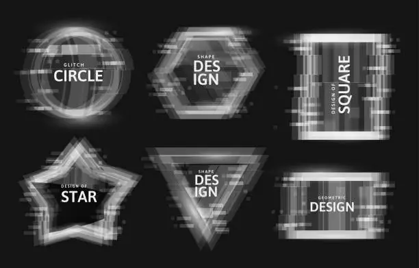 Vector illustration of Vector frames with glitch tv distortion effect and a place for text, geometric shapes star, triangle, circle, square, rhombus