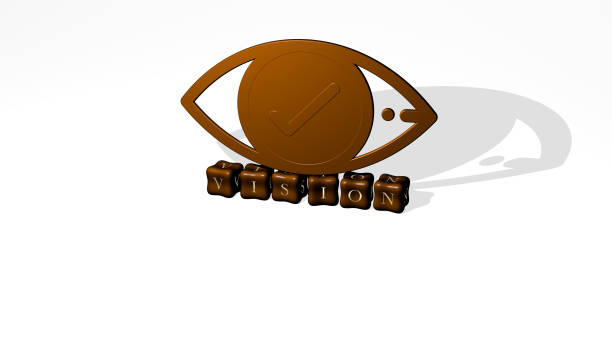 3D illustration of VISION graphics and text made by metallic dice letters for the related meanings of the concept and presentations