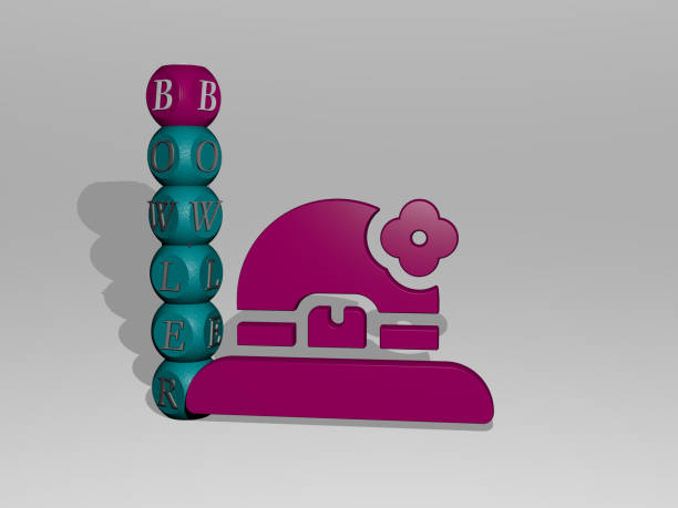 3D representation of BOWLER with icon on the wall and text arranged by metallic cubic letters on a mirror floor for concept meaning and slideshow presentation imagen gráfica 3d de bowler verticalmente junto con texto construido alrededor del icono por letras cúbicas metálicas desde la perspectiva superior. excelente para la presentación del concepto y presentaciones de diapositivas. ilustración