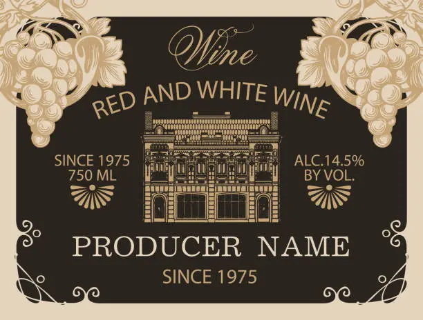 Vector illustration of Wine label with grapes and old building facade