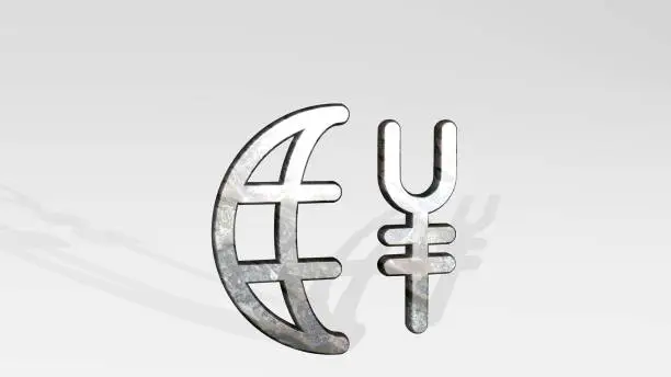 Photo of CURRENCY YUAN INTERNATIONAL made by 3D illustration of a shiny metallic sculpture casting shadow on light background. business and concept