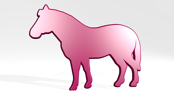HORSE made by 3D illustration of a shiny metallic sculpture with the shadow on light background