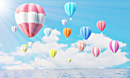 Colorful hot air balloons rising above serene the ocean seascape with blue sky background. Beautiful sun light Hot air balloon over the sea and white clouds. 3d rendering. illustration digital