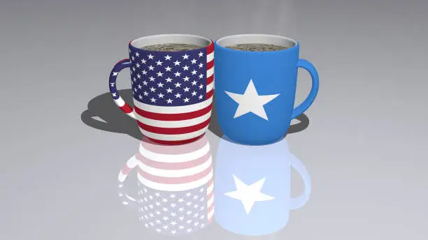 united-states-of-america somalia placed on a cup of hot coffee mirrored on the floor in a 3D illustration with realistic perspective and shadows