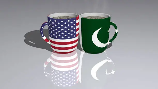 UNITED-STATES-OF-AMERICA PAKISTAN: relationship or conflict on a pair of coffee cups for editorial and commercial use