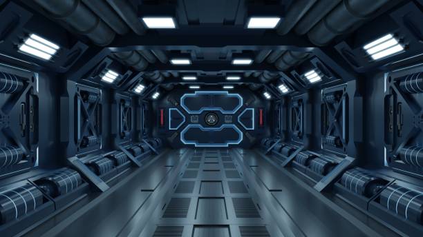 istock Science background fiction interior room sci-fi spaceship corridors blue. 1263964267