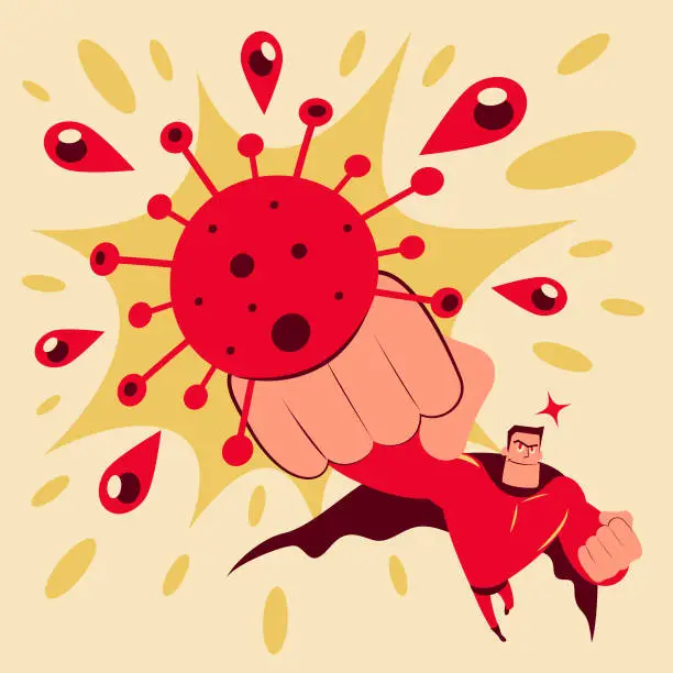 Vector illustration of Superhero throws a punch at the new coronavirus (covid-19, bacterium, virus)