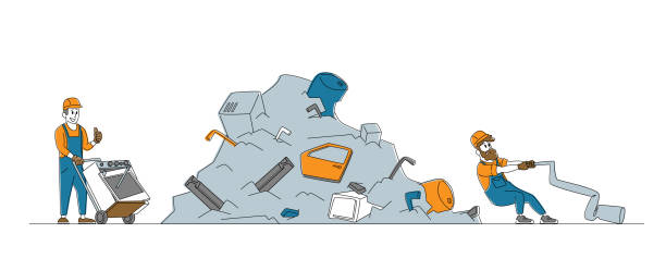 Worker Pulling Old Washing Machine on Manual Cart to Scrapmetal Dump. Metallic Scrap or Junk Reuse, Recycling Industry Worker Characters Pulling Old Washing Machine on Manual Forklift Cart to Scrapmetal Dump. Metallic Junk Reuse, Recycling Industry, Scrap Metal Pollution, Manufacture. Linear People Vector Illustration panoramic illustrations stock illustrations
