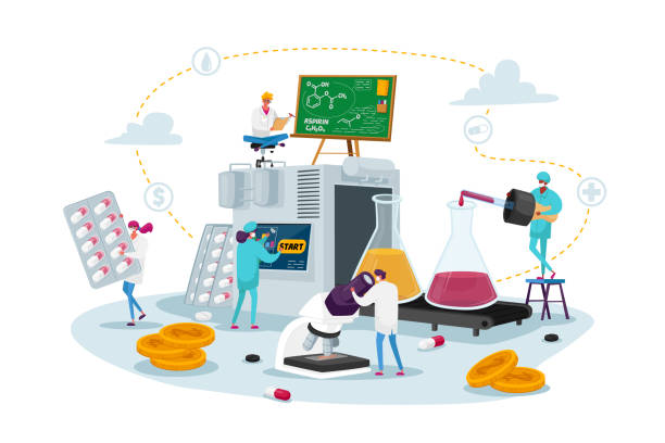 Pharmaceutical Medical Drugs Producing at Factory. Tiny Pharmacist Characters at Huge Production Line Conveyor Belt Pharmaceutical Industry Medical Drugs Producing at Factory. Tiny Pharmacist Characters at Huge Production Line Machine Conveyor Belt with Glass Beakers and Pills. Cartoon People Vector Illustration pharmacist cartoon stock illustrations