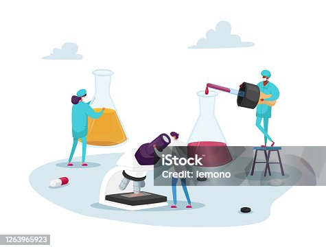 istock Tiny Pharmacist Characters Stand at Huge Beakers with Liquid Medication and Microscope in Pharmacy. Health Care Medicine 1263965923