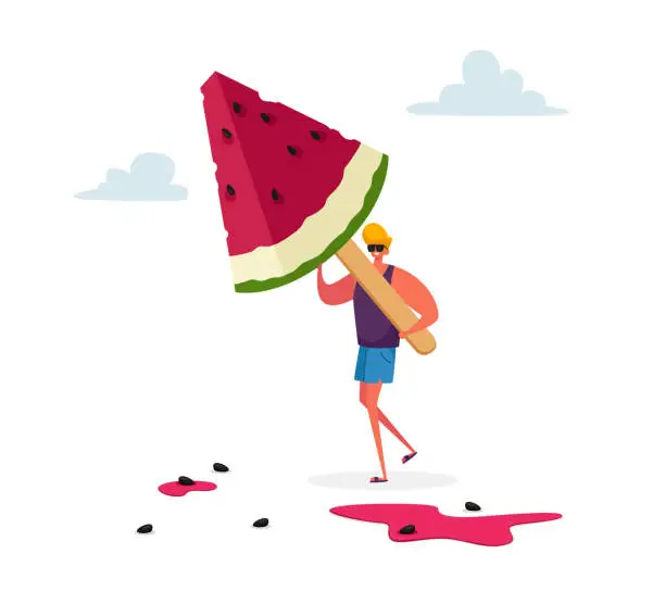 Vector illustration of Tiny Male Character Carry Huge Watermelon Ice Cream Popsicle on Wooden Stick. Summer Delicious Sweet Dessert, Cold Treat