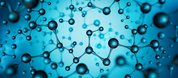 sfondo della struttura della molecola blu. rendering 3d delle cellule e del concetto astratto di catena biologica - organic chemistry foto e immagini stock