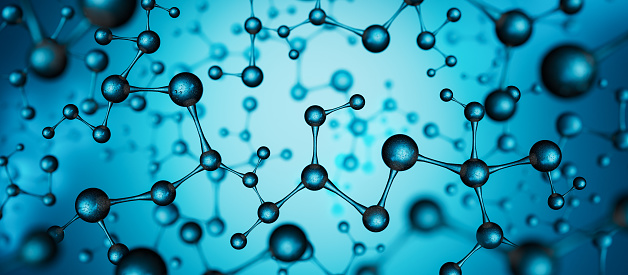 istock Blue molecule structure background. Cells and biological chain abstract concept 3D render 1263966452