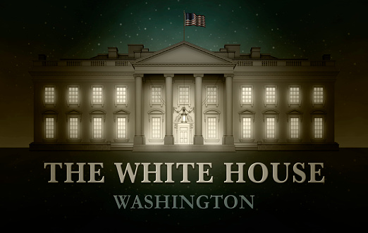 North view of the White House against a starry sky with the words, THE WHITE HOUSE, WASHINGTON. Bright light seen through windows. 3D Illustration