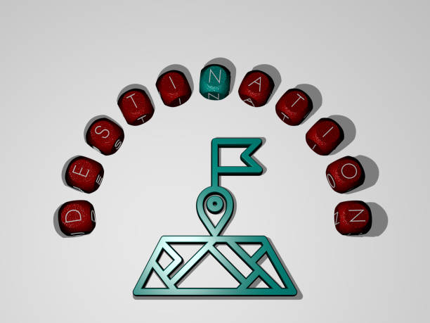 3D illustration of DESTINATION graphics and text around the icon made by metallic dice letters for the related meanings of the concept and presentations representación 3d de destino con icono en la pared y texto dispuesto por letras cúbicas metálicas en un piso de espejo para el significado conceptual y la presentación de la presentación de la presentación de la presentación. ciudad y arquitectura