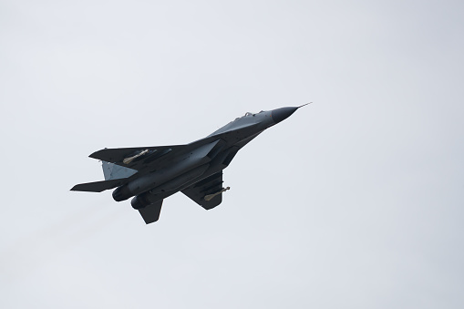 – August 16, 2013: Flyby of Hungarian Air Force Saab Gripen fighter jet from Hungary.