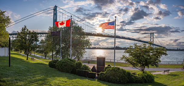 The Ambassador bridge links Detroit, Michigan with Windsor, Ontario.  It is one of the busiest trade routes in North America.  This photo was taken from Windsor, Ontario, Canada, facing North-West towards Detroit.