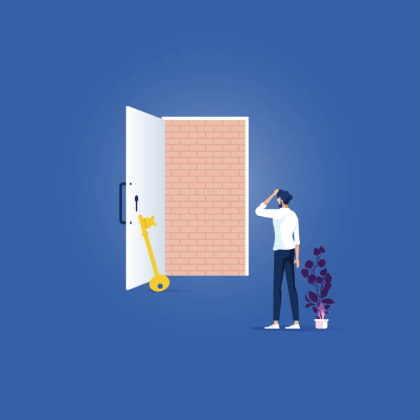 illustrations, cliparts, dessins animés et icônes de pas d’issue, concept d’entreprise vector-brick mur bloquant la porte - blocked door