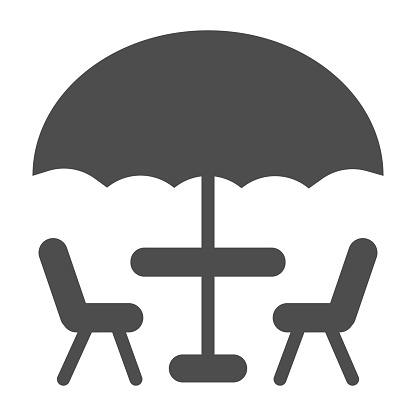 Umbrella and table with chairs solid icon, Coffee time concept, street cafe sign on white background, table with umbrella for terrace icon in glyph style for mobile, web. Vector graphics