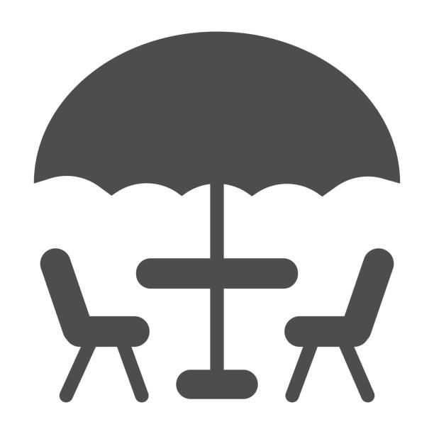 Umbrella and table with chairs solid icon, Coffee time concept, street cafe sign on white background, table with umbrella for terrace icon in glyph style for mobile, web. Vector graphics. Umbrella and table with chairs solid icon, Coffee time concept, street cafe sign on white background, table with umbrella for terrace icon in glyph style for mobile, web. Vector graphics restaurants tables and chairs stock illustrations