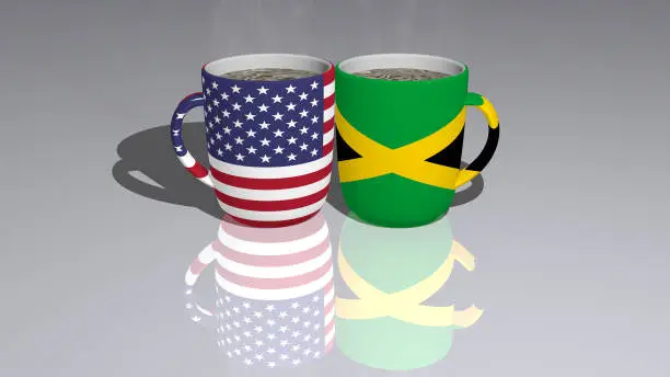 united-states-of-america jamaica placed on a cup of hot coffee in a 3D illustration with realistic perspective and shadows mirrored on the floor